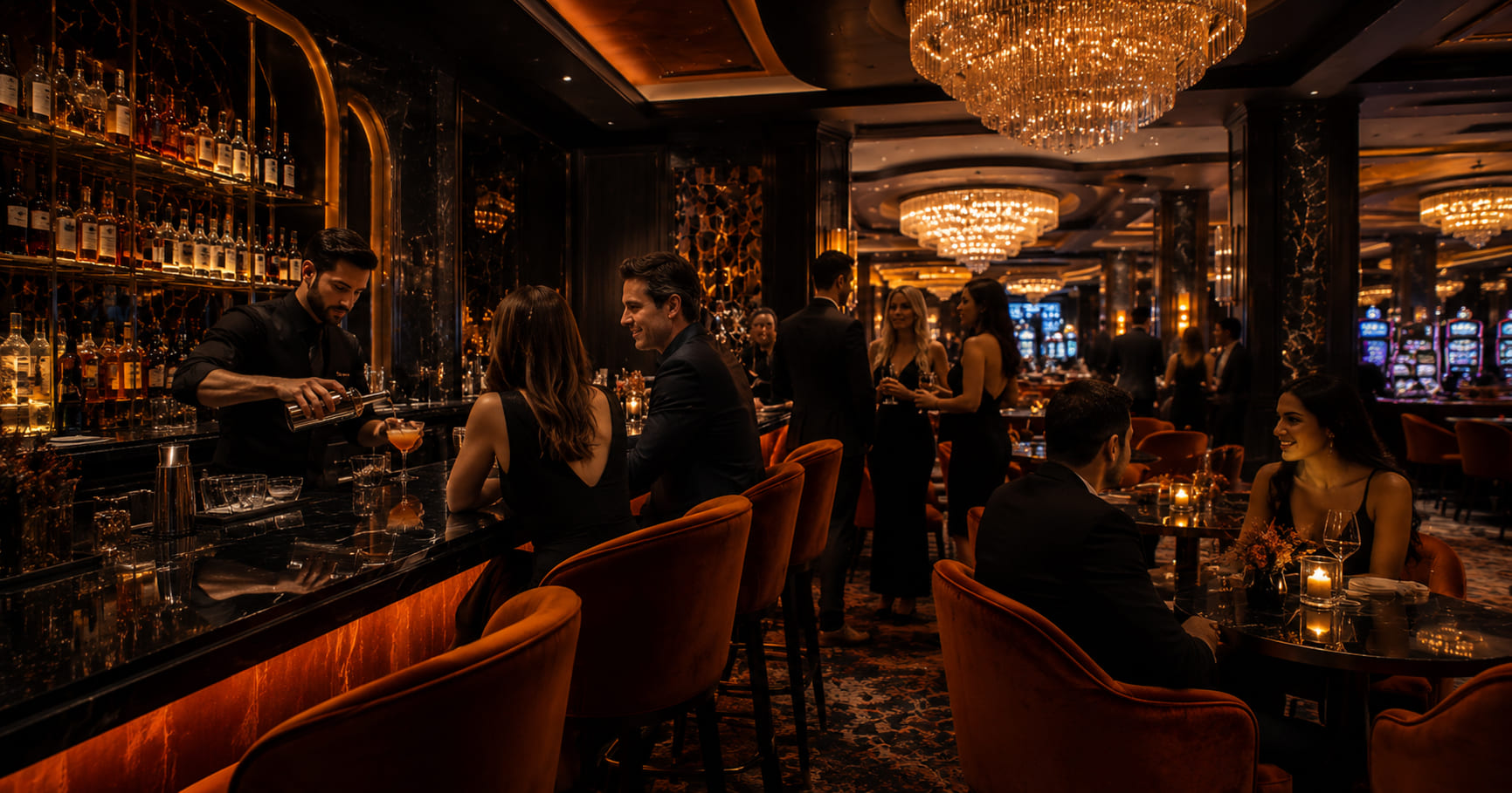 Barman serwuje gościom drinki przy luksusowym barze Orchard Table House