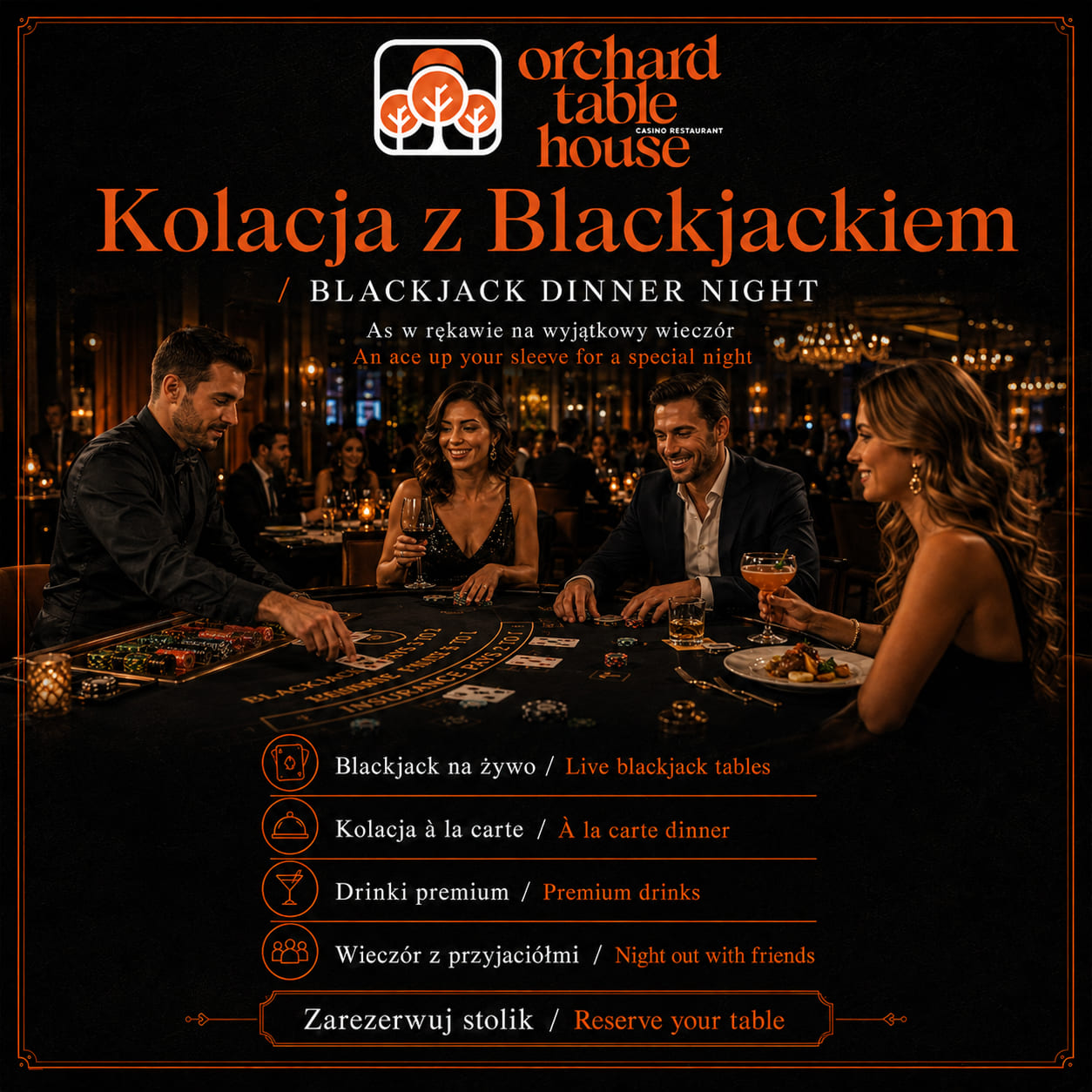 Plakat Blackjack Dinner Night — kolacja przy blackjacku w Orchard Table House