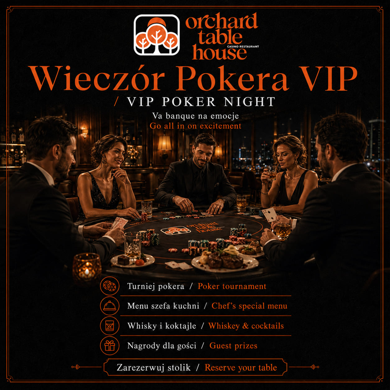 Plakat VIP Poker Night — wieczór pokera w Orchard Table House