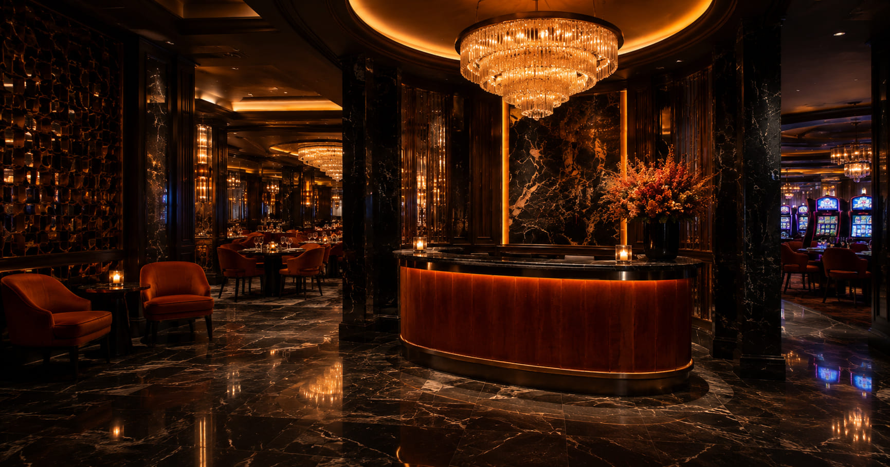 Luksusowe lobby restauracji Orchard Table House z okrągłą recepcją