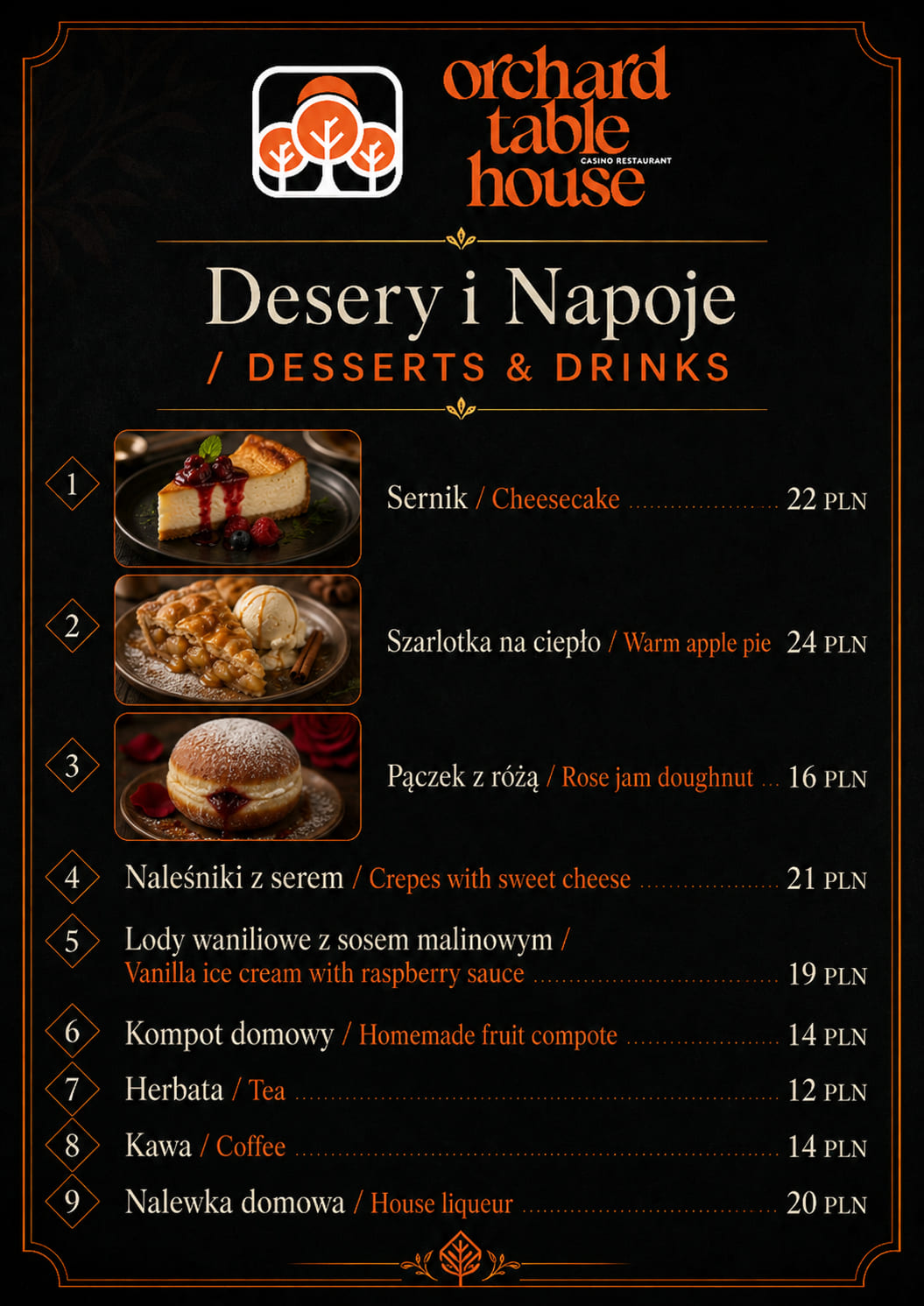 Karta deserów i napojów — Orchard Table House menu